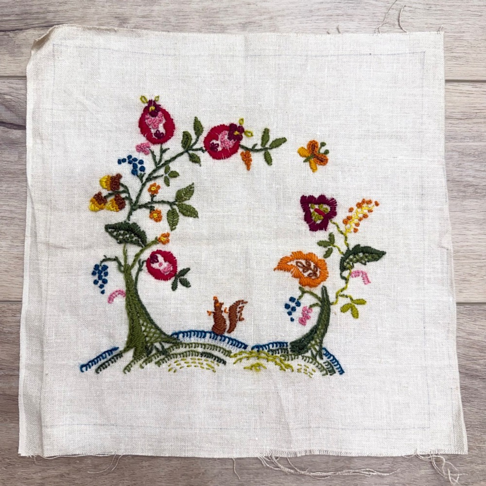 Vintage Hand Embroidered Linen Panel Squirrel Floral Crewel Folk Art 13x14‎ - Picture 4 of 6